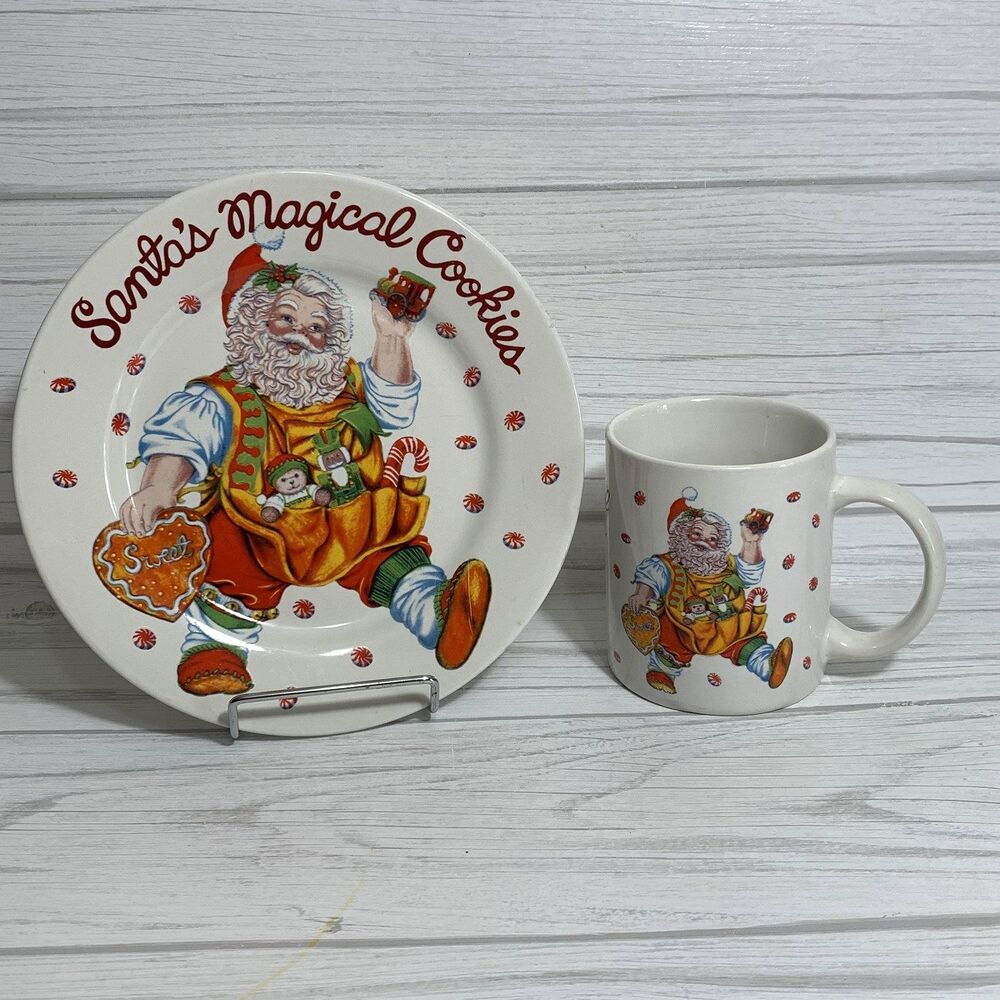 Vintage Santa's Magical Cookies Plate and Mug Cup Set Stoneware Christmas Decor